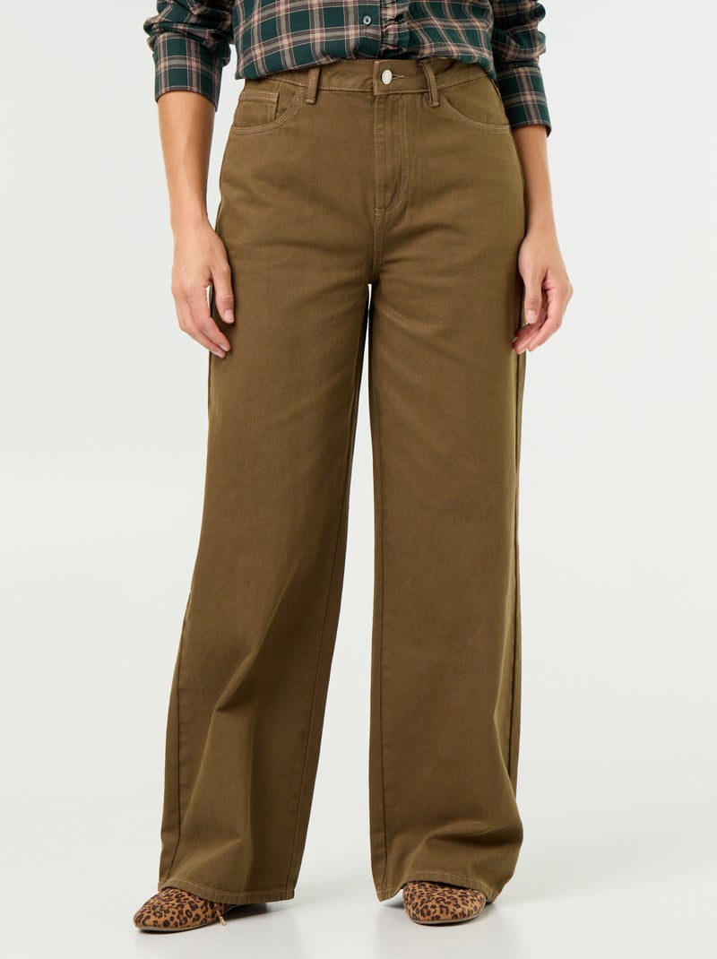 Wide leg-broek van twill met hoge taille Kaki - Kiabi