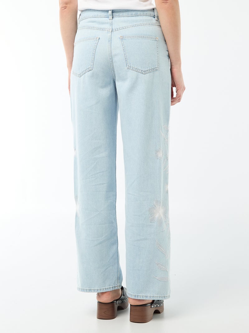 Wide leg denim broek met borduursels Blauw - Kiabi