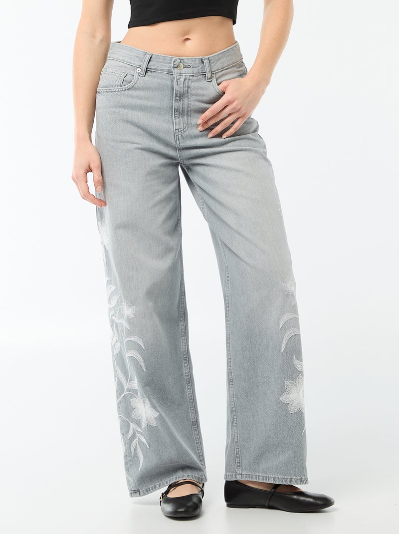 Wide leg denim broek met borduursels Grijs - Kiabi