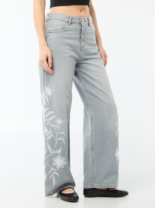 Wide leg denim broek met borduursels - Kiabi