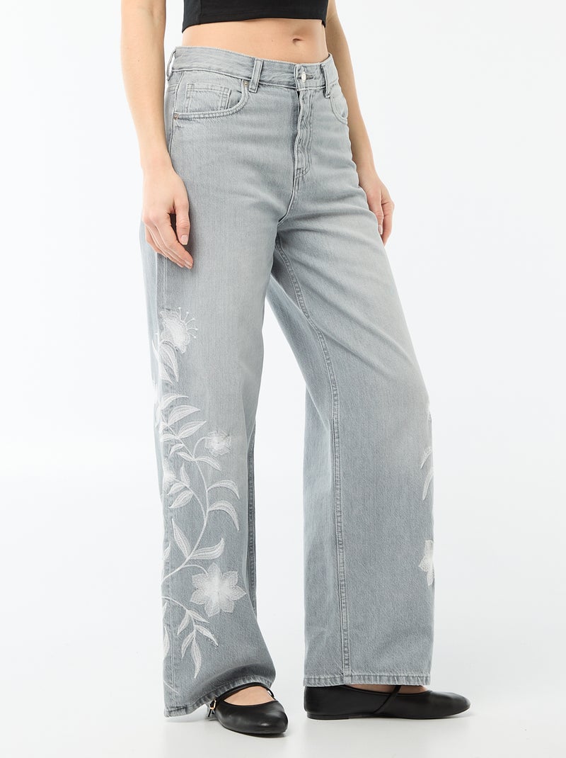 Wide leg denim broek met borduursels Grijs - Kiabi