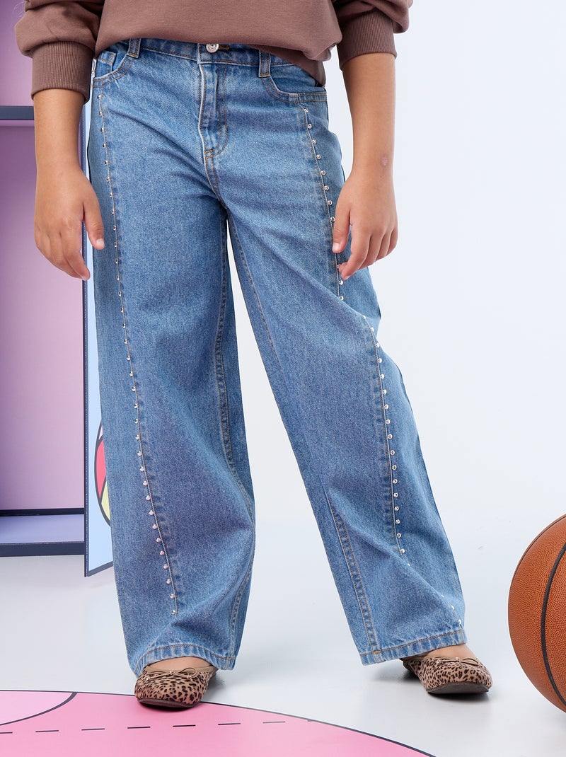 Wide leg fit broek met zilverkleurige fantasie studs Blauw - Kiabi