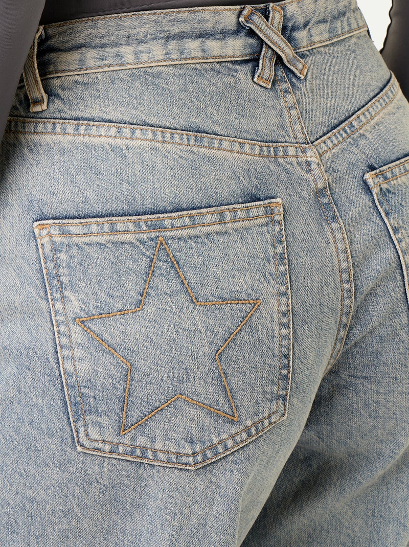 Wide leg jeans met geborduurde sterren op de achterzakken Blauw - Kiabi