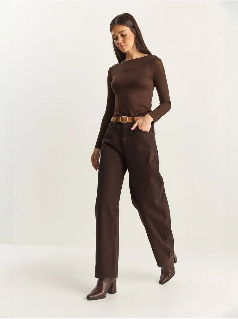 Wide-leg jeans met riem lucci Chocoladebruin - Kiabi