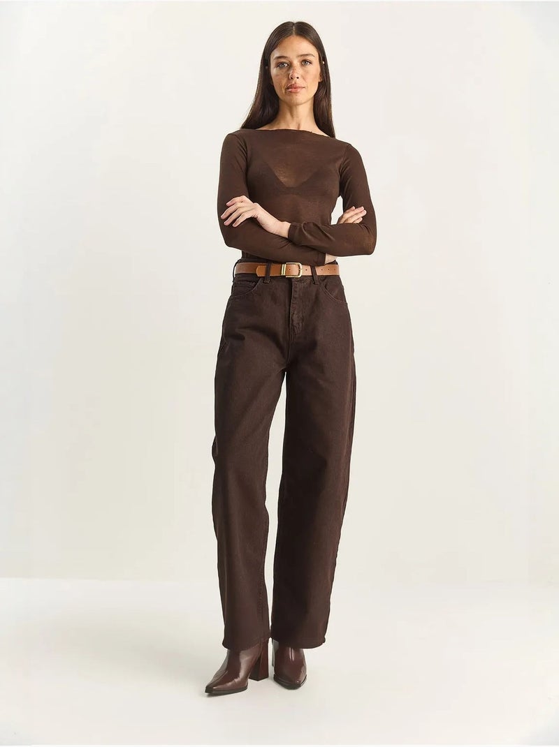 Wide-leg jeans met riem lucci Chocoladebruin - Kiabi