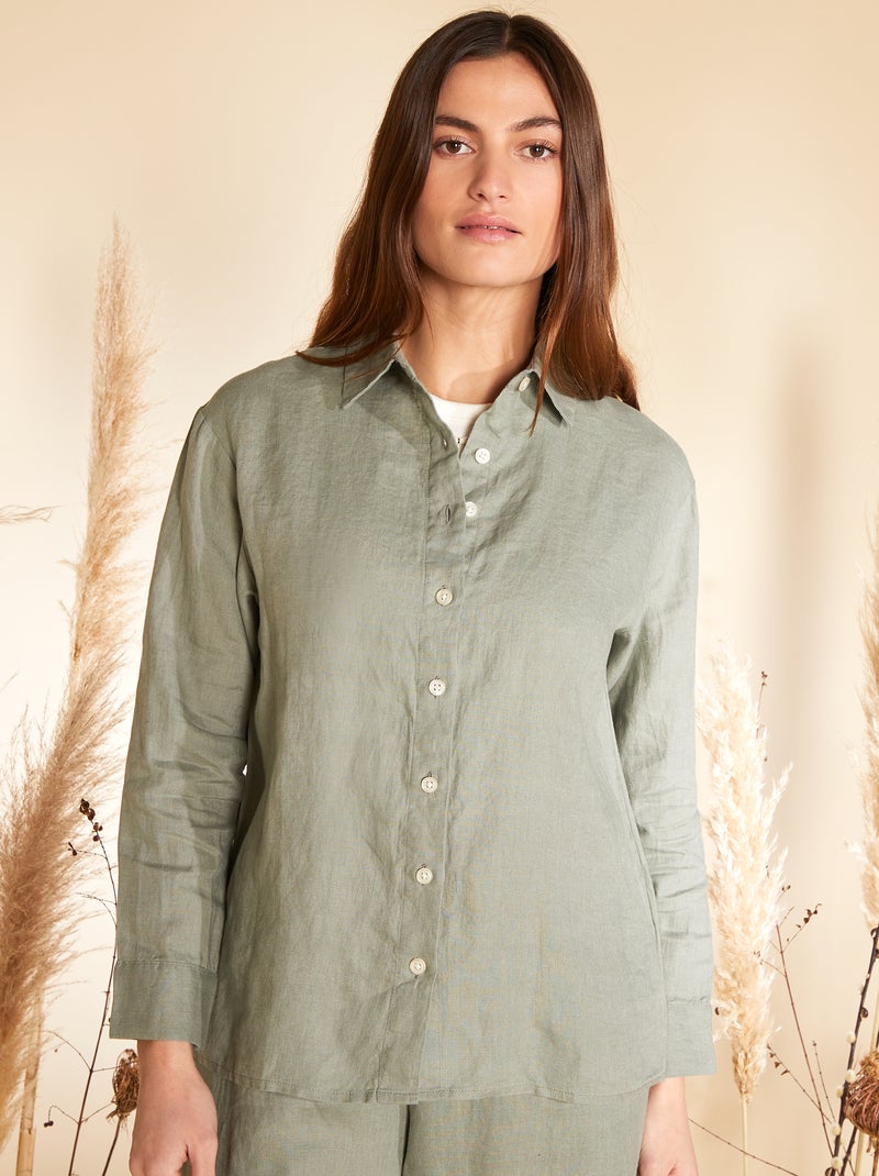 Wijd, linnen overhemd met lange mouw KAKI - Kiabi