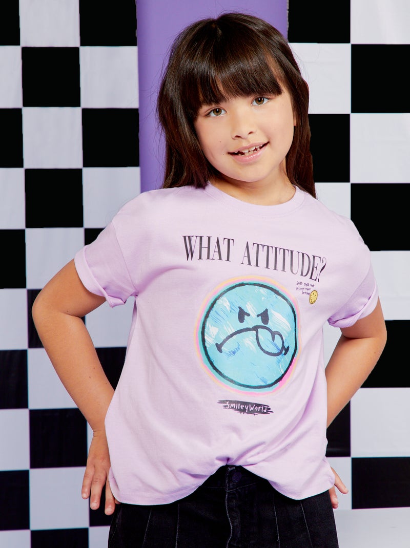 Wijd T-shirt met ronde hals 'Smiley World' paars - Kiabi