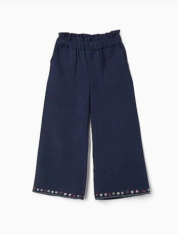 Wijd uitlopende katoenen broek met geborduurde bloemen