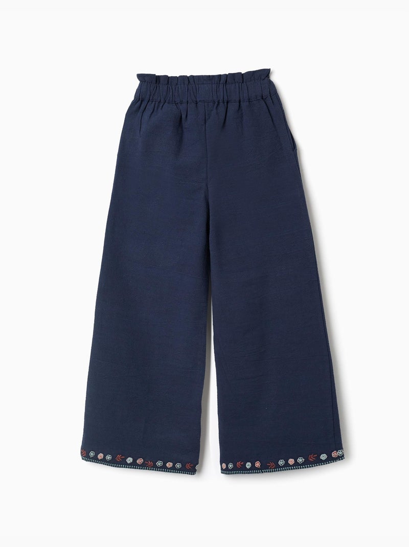 Wijd uitlopende katoenen broek met geborduurde bloemen Donkerblauw - Kiabi