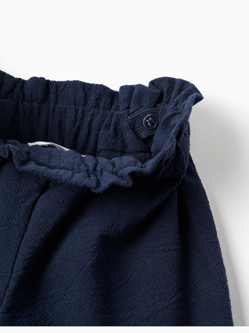 Wijd uitlopende katoenen broek met geborduurde bloemen Donkerblauw - Kiabi