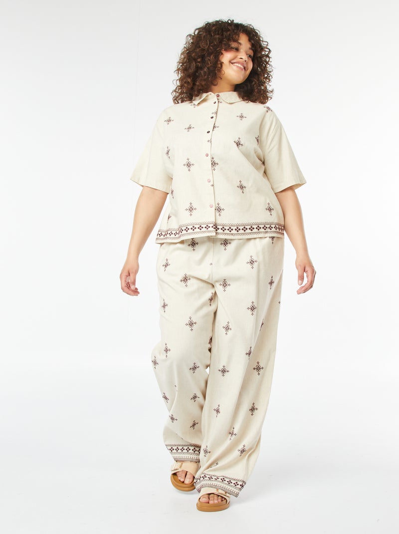 Wijde 3/4-broek met borduursel Biege - Kiabi