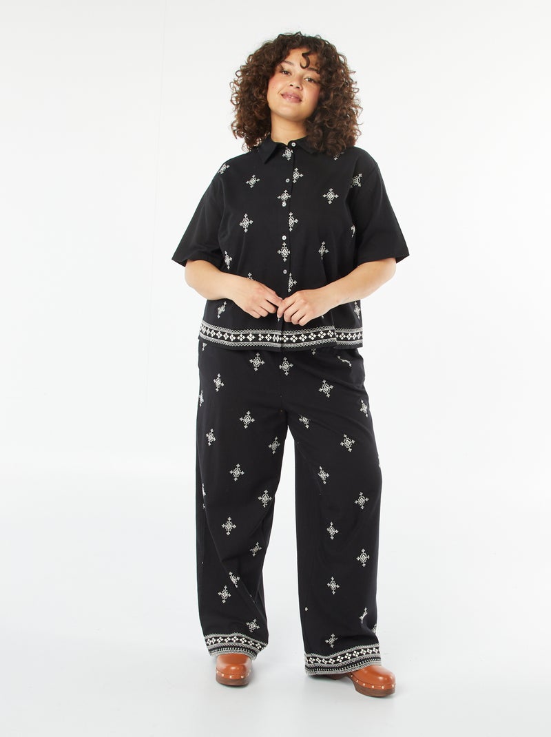 Wijde 3/4-broek met borduursel zwart - Kiabi