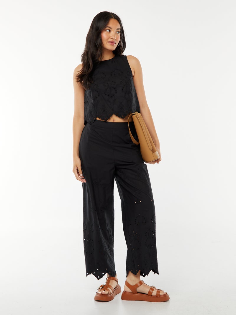 Wijde broek in broderie anglaise zwart - Kiabi
