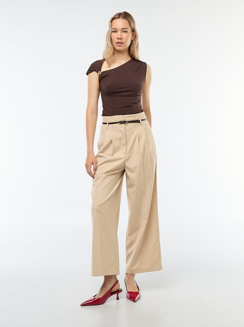 Wijde broek in een chique urban stijl met smalle ceintuur Biege - Kiabi