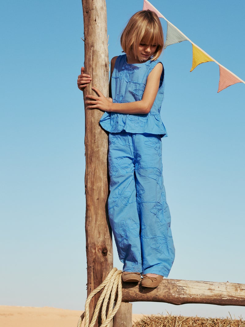 Wijde broek met borduursels Blauw - Kiabi