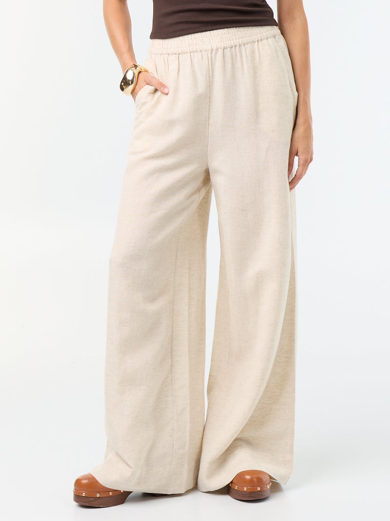 Wijde broek met elastische taille Biege - Kiabi