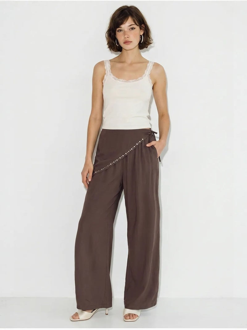 Wijde broek met elastische taille lucci Chocoladebruin - Kiabi