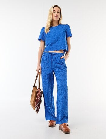 Wijde broek met Engels borduurwerk van effen katoen