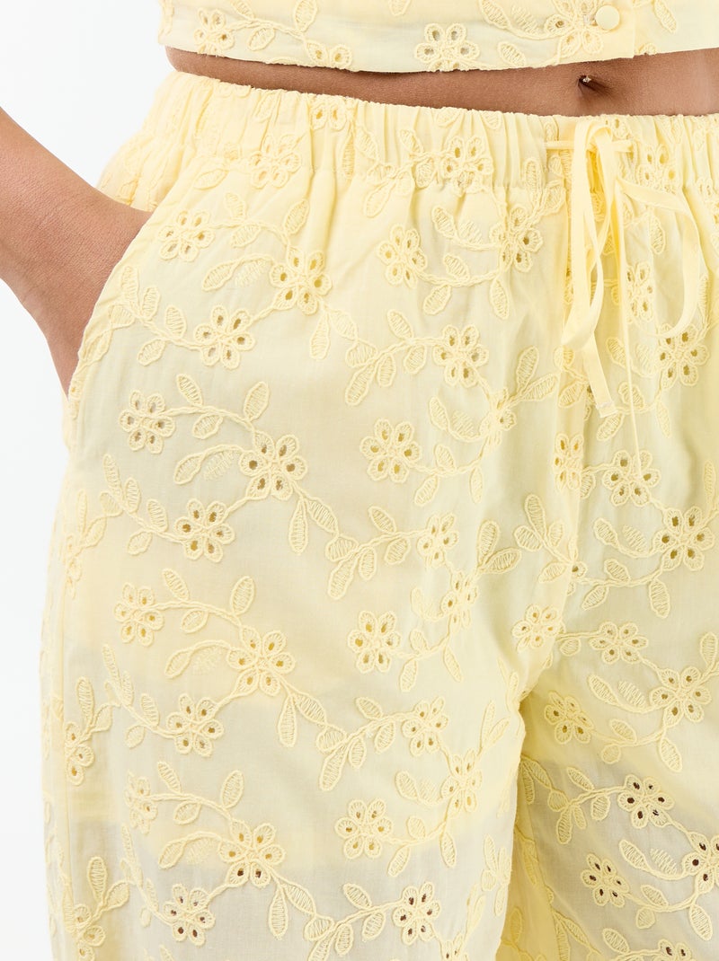 Wijde broek met Engels borduurwerk van effen katoen Geel - Kiabi