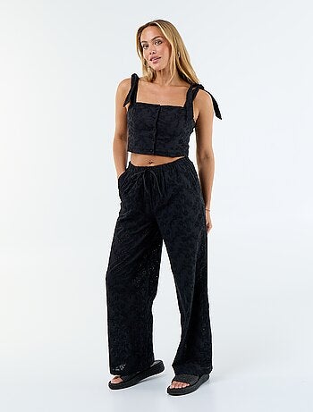 Wijde broek met Engels borduurwerk van effen katoen