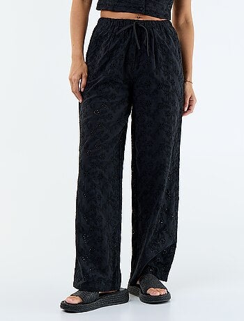 Wijde broek met Engels borduurwerk van effen katoen