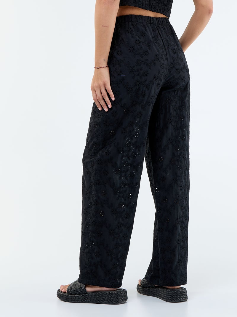 Wijde broek met Engels borduurwerk van effen katoen Zwart - Kiabi