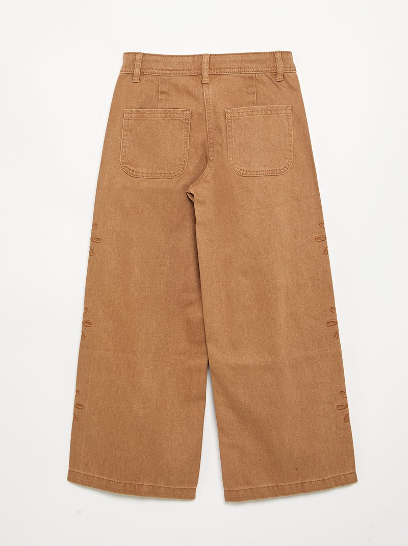 Wijde broek met geborduurde bloemen Bruin - Kiabi