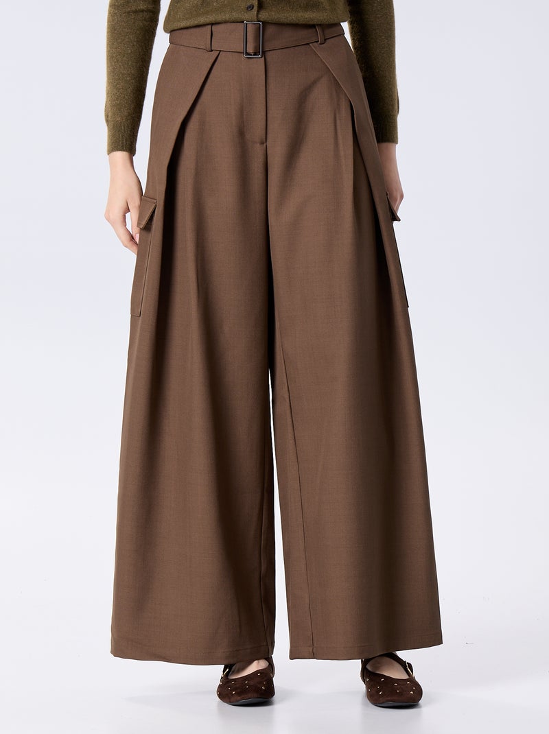 Wijde broek met hoge taille en klepzakken Bruin - Kiabi