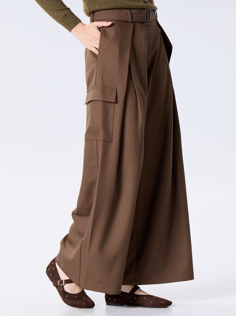 Wijde broek met hoge taille en klepzakken Bruin - Kiabi