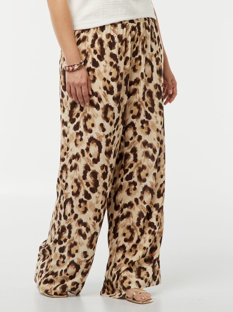 Wijde broek met print en elastische tailleband BRUIN - Kiabi