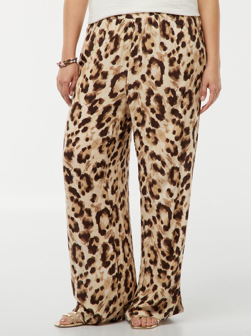 Wijde broek met print en elastische tailleband BRUIN - Kiabi