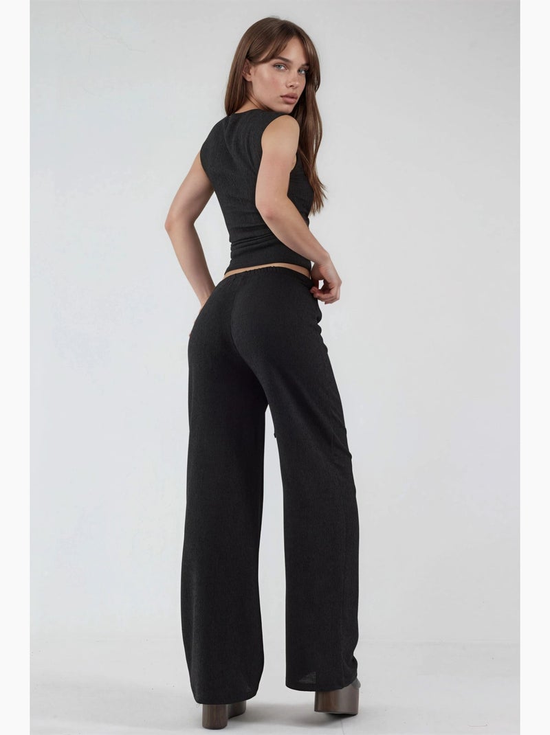 Wijde broek met taillekoord busem Zwart - Kiabi