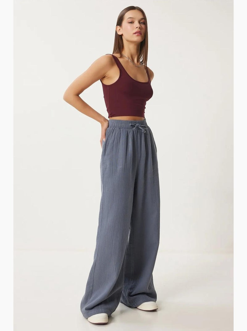Wijde broek met trekkoord in de taille en biesdetail istanbul Grijs Zwart - Kiabi