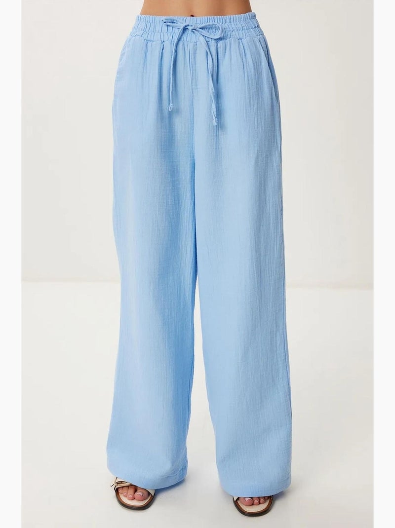 Wijde broek met trekkoord in de taille en biesdetail istanbul Hemelsblauw - Kiabi