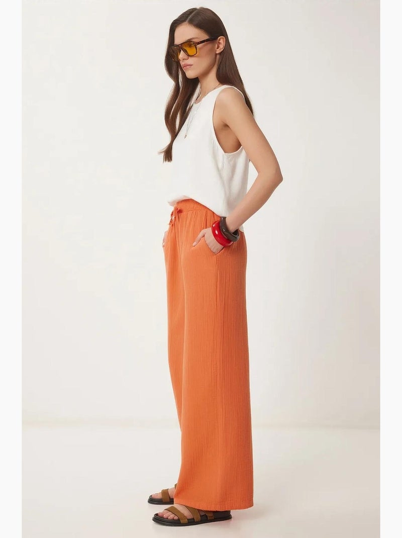 Wijde broek met trekkoord in de taille en biesdetail istanbul Oranje - Kiabi