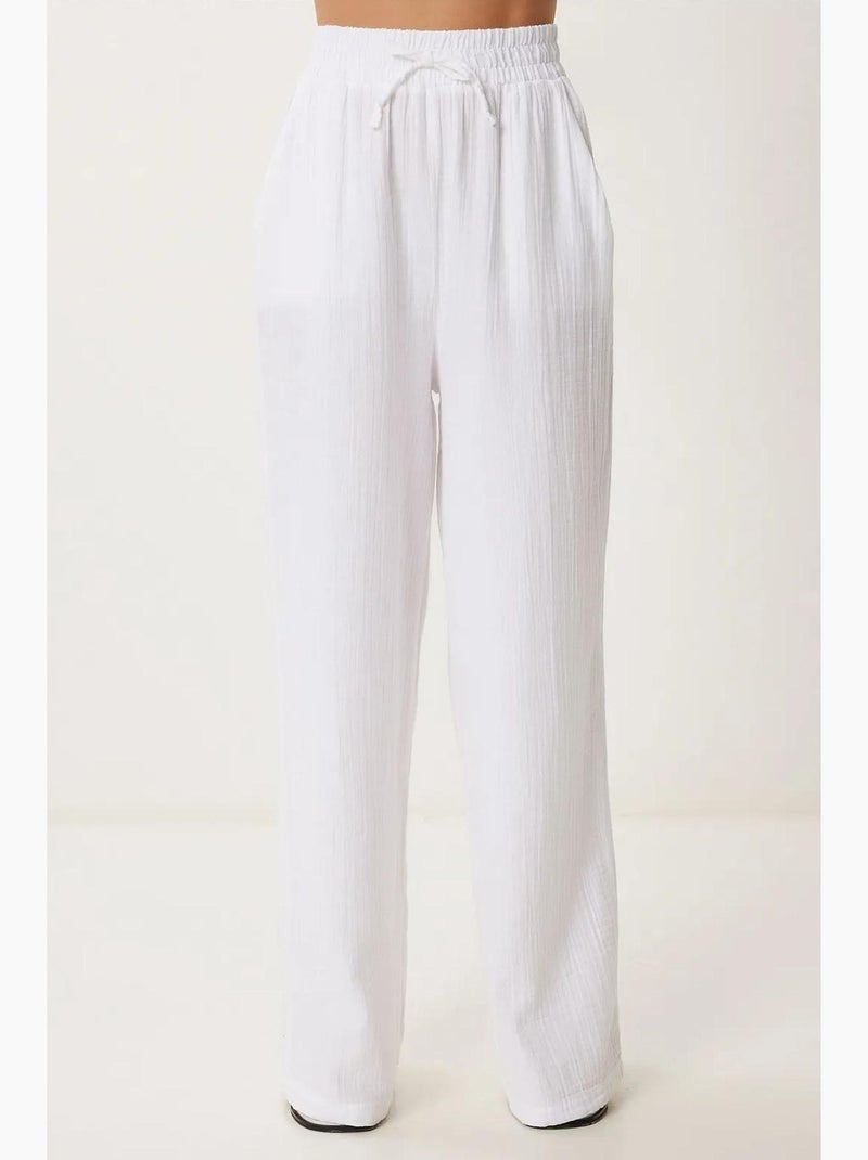 Wijde broek met trekkoord in de taille en biesdetail istanbul Wit - Kiabi