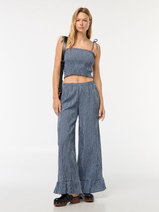 Wijde broek met vichyruitje en ruches