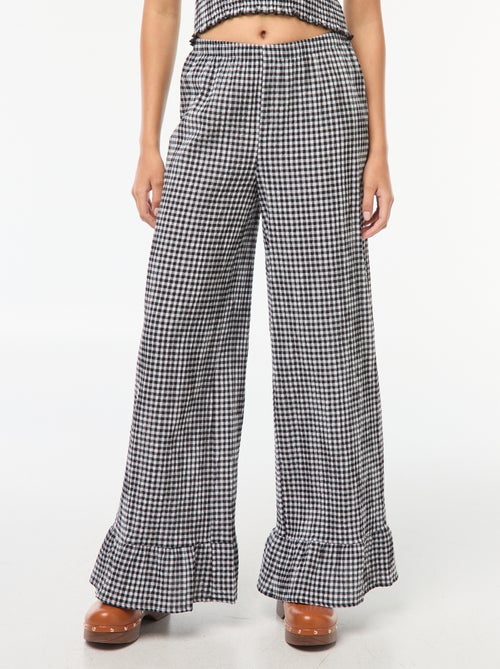 Wijde broek met vichyruitje en ruches - Kiabi