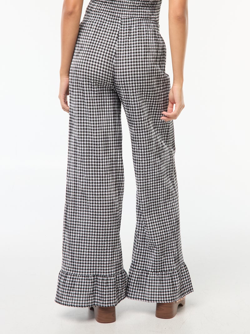 Wijde broek met vichyruitje en ruches Zwart - Kiabi