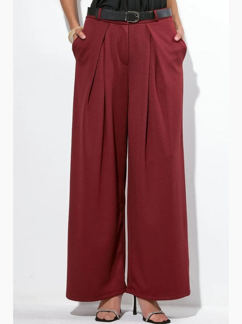 Wijde broek van crêpe met hoge taille en riem busem Bordeauxrood - Kiabi