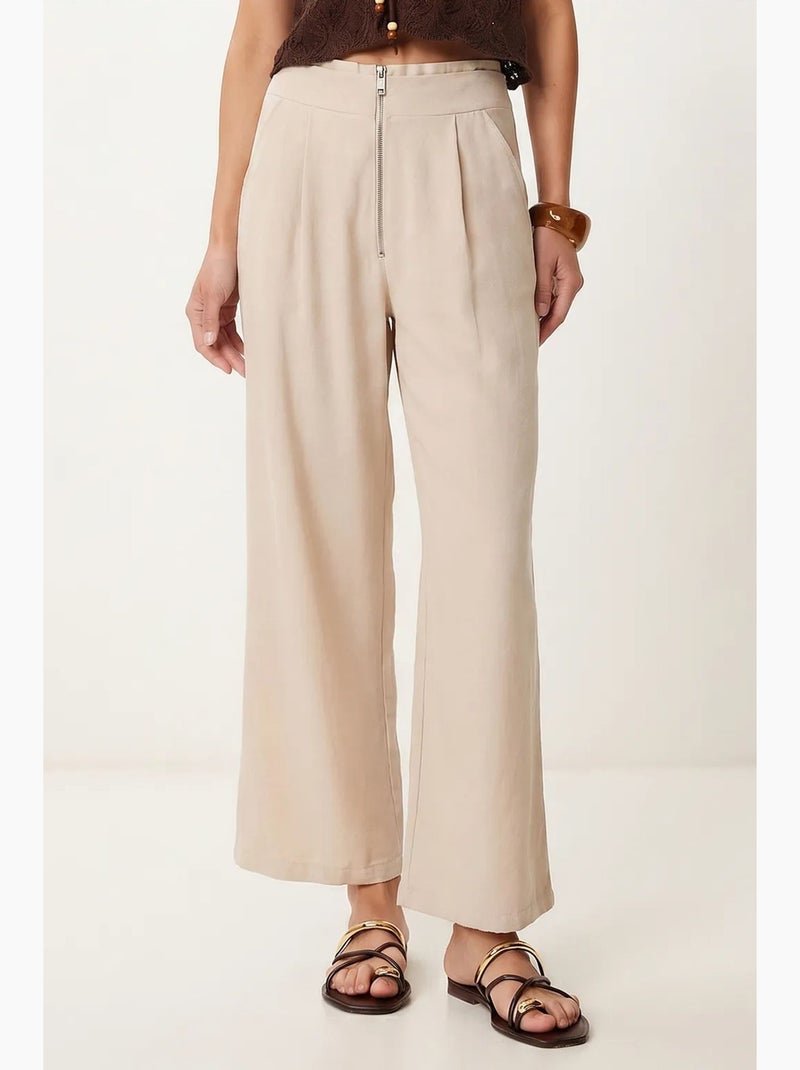 Wijde broek van crêpe met hoge taille istanbul Klei-beige - Kiabi