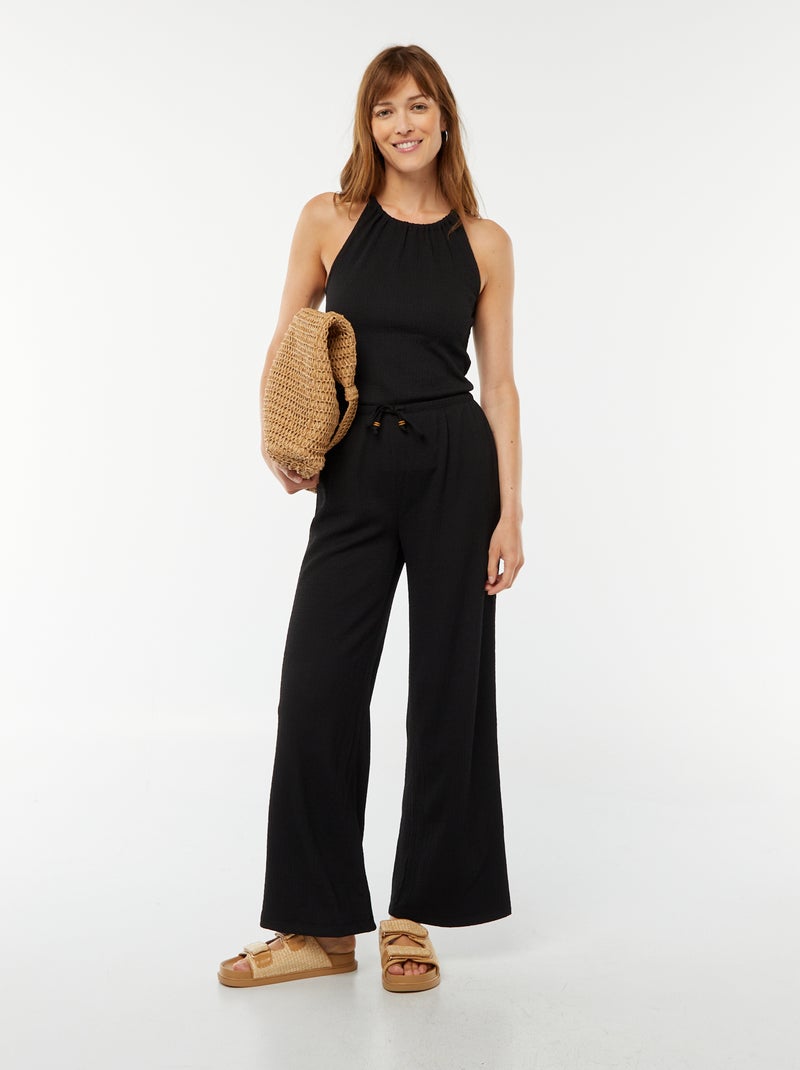 Wijde broek van wafeltricot zwart - Kiabi