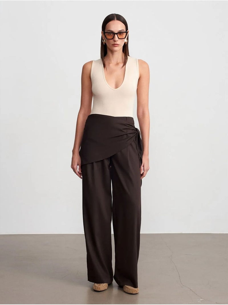 Wijde crepe broek met hoge taille dilvin Donkerbruin - Kiabi