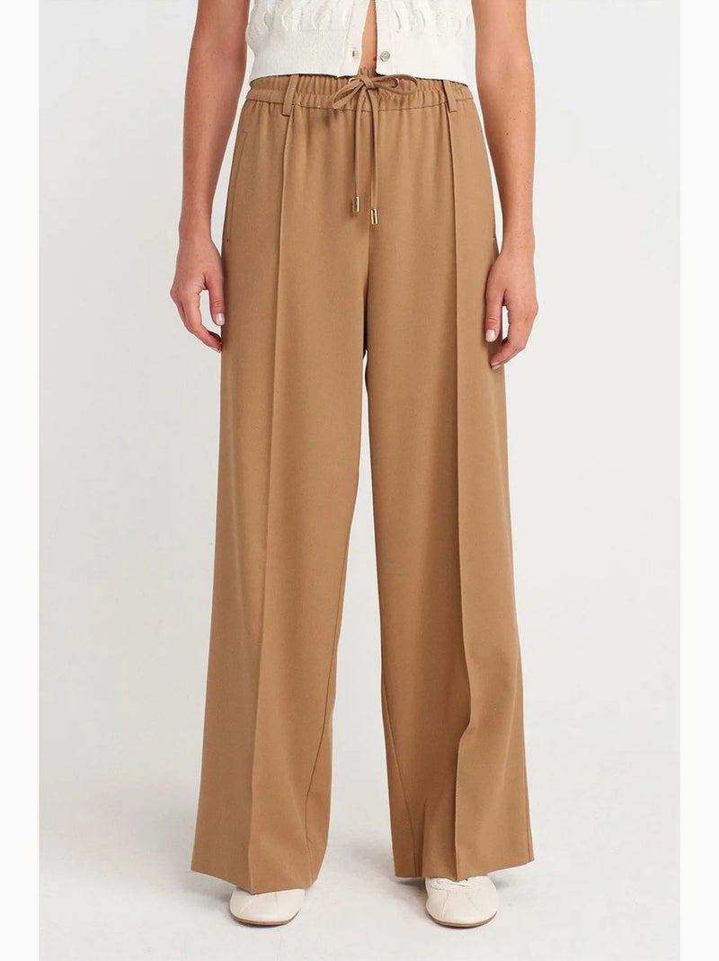 Wijde crêpe broek met trekkoord in de taille dilvin Camel - Kiabi
