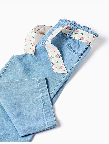 Wijde denim broek met bloemenriem