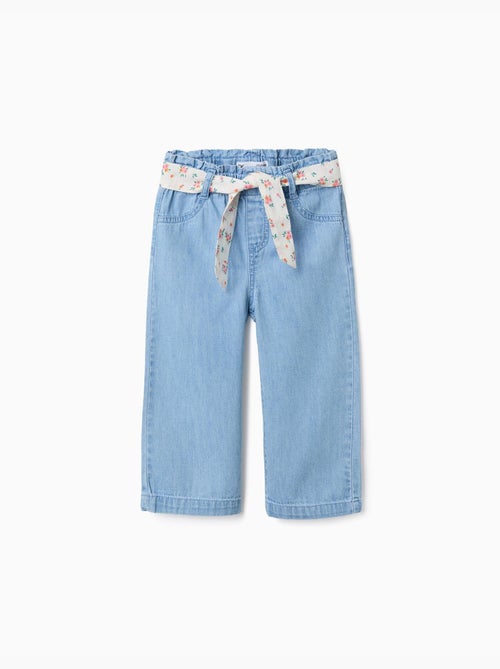 Wijde denim broek met bloemenriem - Kiabi