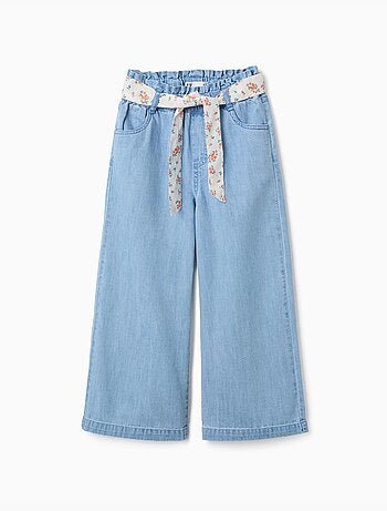 Wijde denim broek met bloemenriem