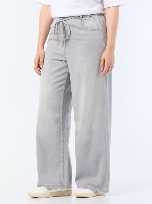 Wijde denim broek met strikceintuur - Kiabi
