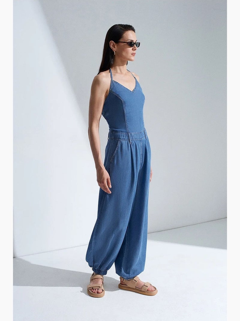 Wijde jumpsuit met halternek dilvin Saffierblauw - Kiabi
