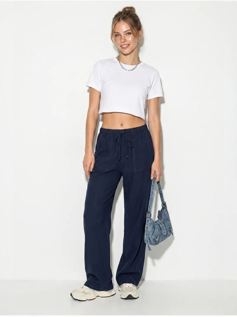 Wijde katoenen broek met trekkoord in de taille lucci Marineblauw - Kiabi